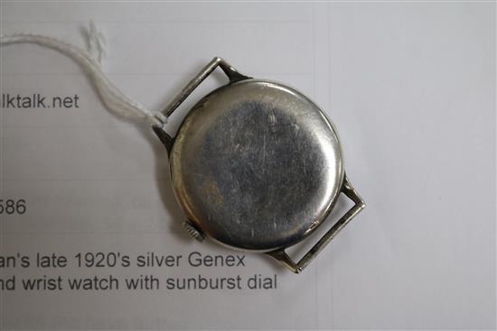 A gentlemans late 1920s silver Genex manual wind wrist watch with sunburst dial (no strap).